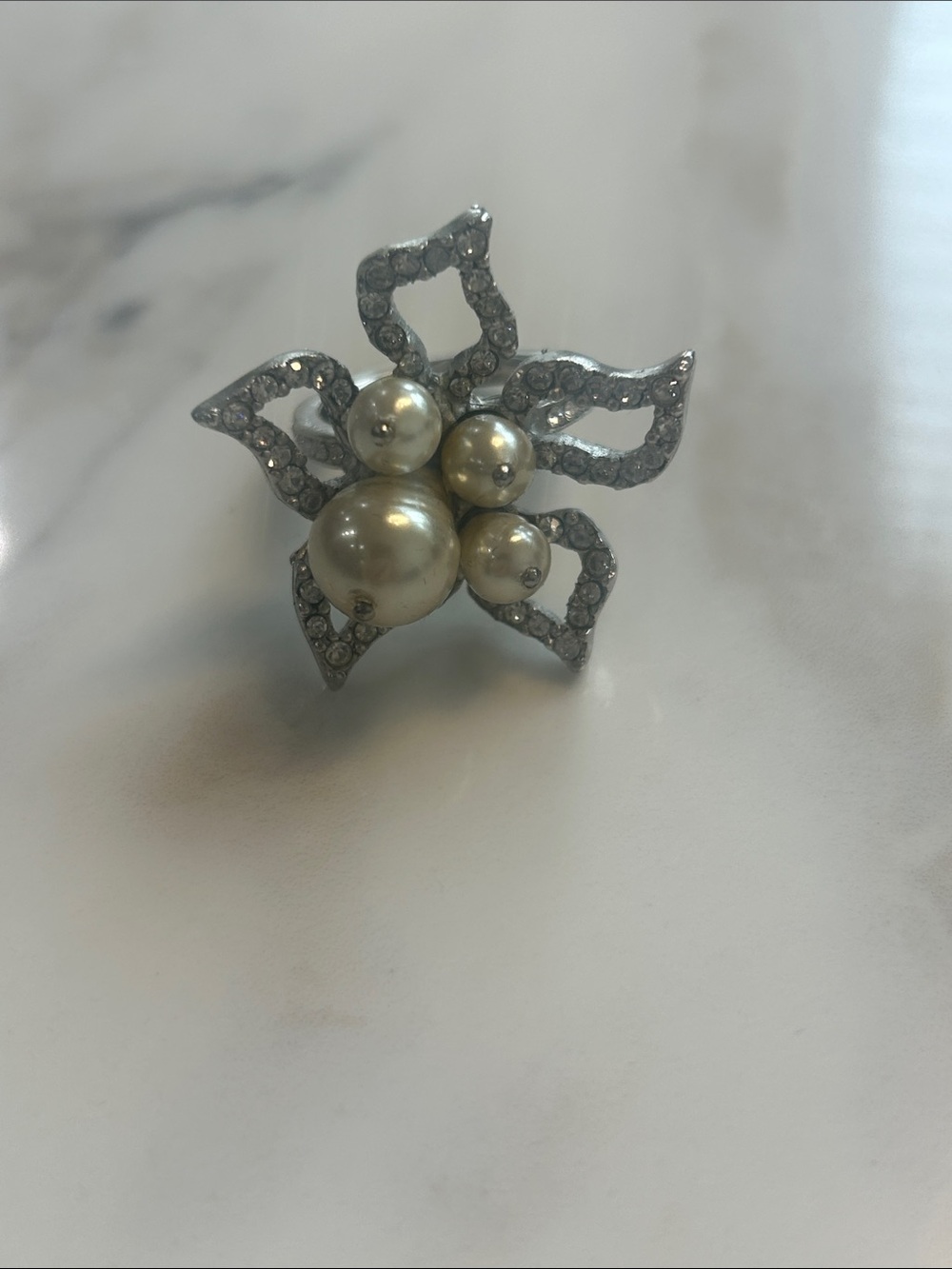 Oscar de la Renta Silver-Tone Flower Ring with Ivory Pearls and Clear Crystals